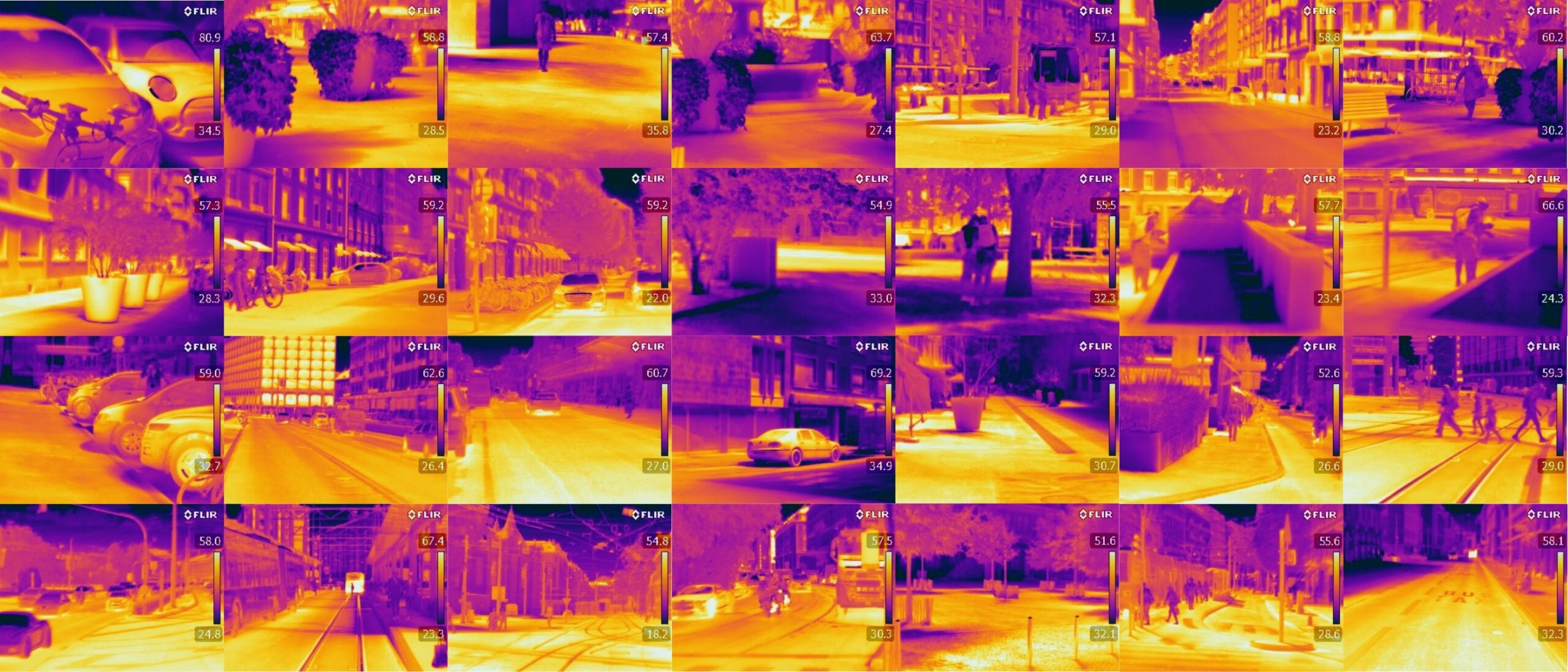 Thermal images of various streets of Geneva taken by actif-trafiC on 19 July 2022, when temperatures in Geneva reached 38,1 °C. Actif-trafiC measured that same day the temperatures in various points of Geneva to highlight the importance of nature in cities to help limiting the effects of heatwaves.