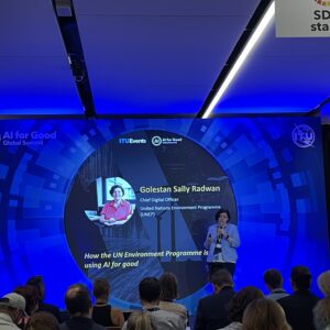 UNEP Chief Digital Officer, Golestan Sally Radwan, speaking at the AI for Good Summit.