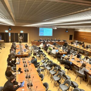 View of Room XXIII of Palais des Nations in the early hours of Monday 2 December during the opening remarks by the Permanent Representatives of Vanuatu and Colombia, and the Chargée d'affaires of Portugal at the Geneva Diplomatic Screening and Commentary of the International Court of Justice oral hearing on climate justice.