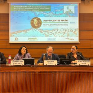 The UN Special Rapporteur on the human right to a healthy environment, Astrid Puentes, speaking at the side event to the Human Rights Council "Towards the Third UN Ocean Conference: Human Rights Obligations in Relation to Ecosystems and Their Biomes".